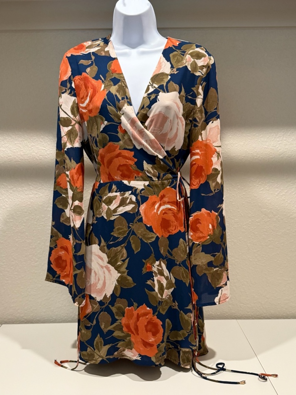 Lulus Wrapped Up in Roses Navy Blue Floral Wrap Mini Dress | Size L | NWOT - Picture 2 of 3